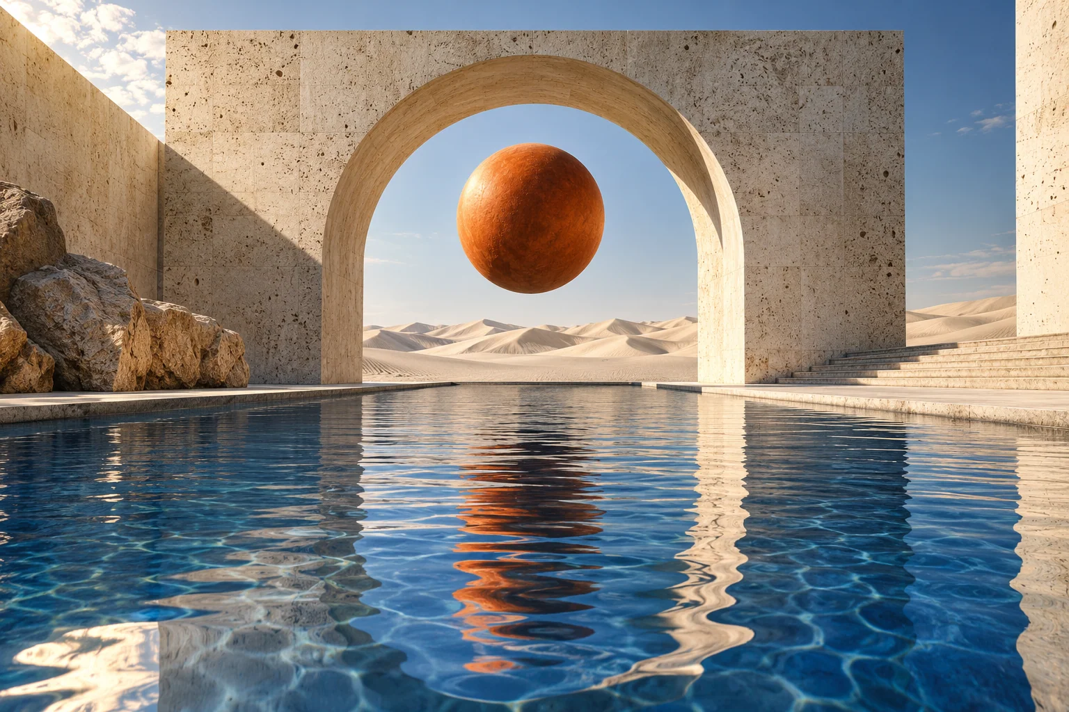 A floating orange sphere framed by a monumental travertine arch, reflected in blue water in a sunlit desert gallery