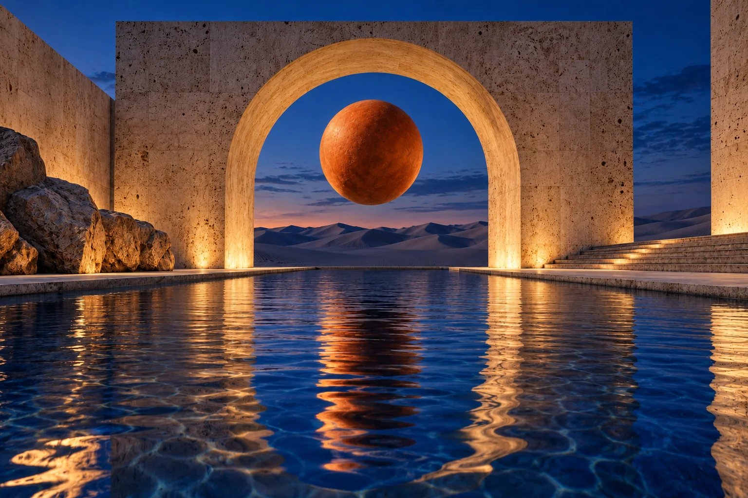 Warmly illuminated arch and orange sphere above blue water at twilight
