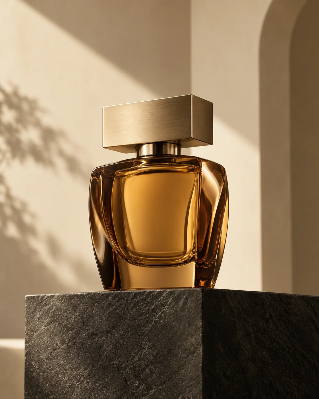 Unlabelled amber perfume bottle on a dark stone pedestal with a cream background and refined rim lighting