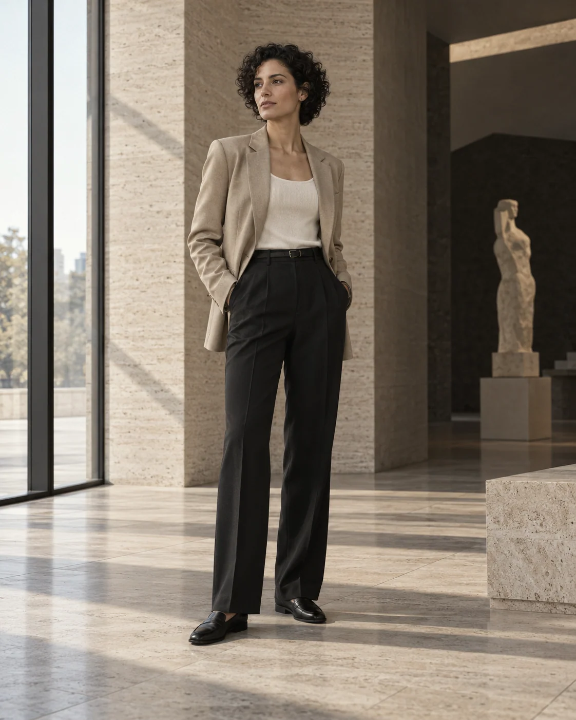 Fictional fashion model in a beige blazer and black trousers standing in sunlit modern architecture