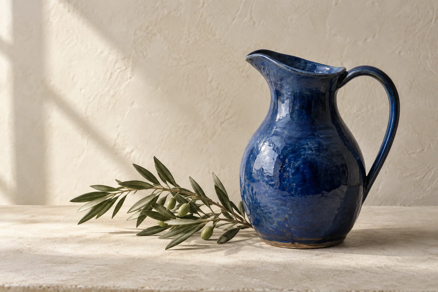 Cobalt ceramic pitcher and an olive branch on an ivory plaster surface in soft morning light