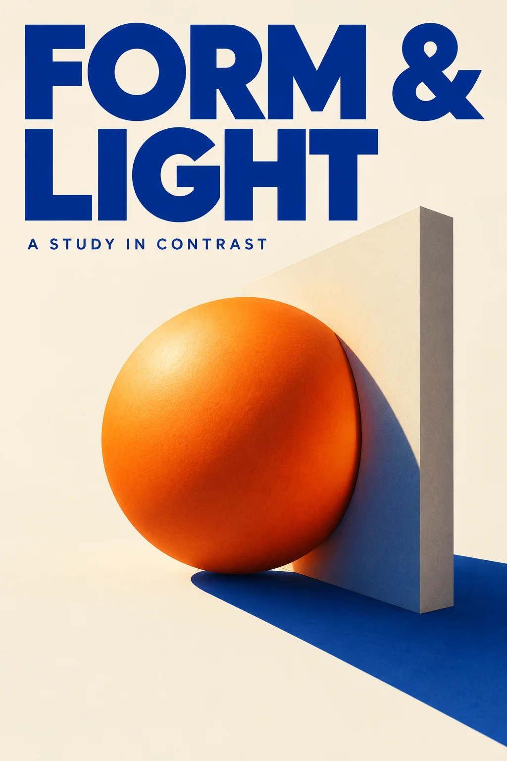 Cream, cobalt and orange event poster reading FORM & LIGHT and A STUDY IN CONTRAST.
